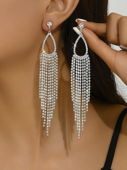Faux Rhinestone Long Fringe Tassel Earrings