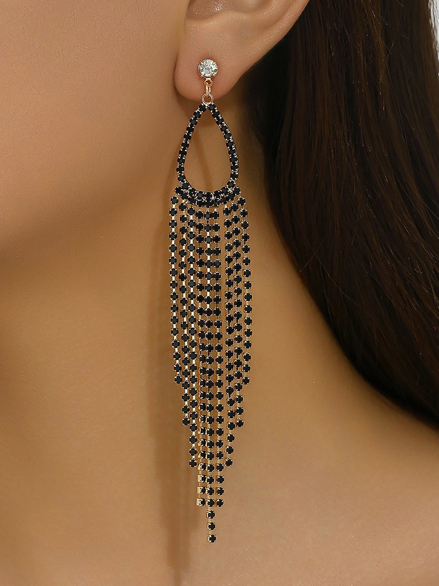 Faux Rhinestone Long Fringe Tassel Earrings