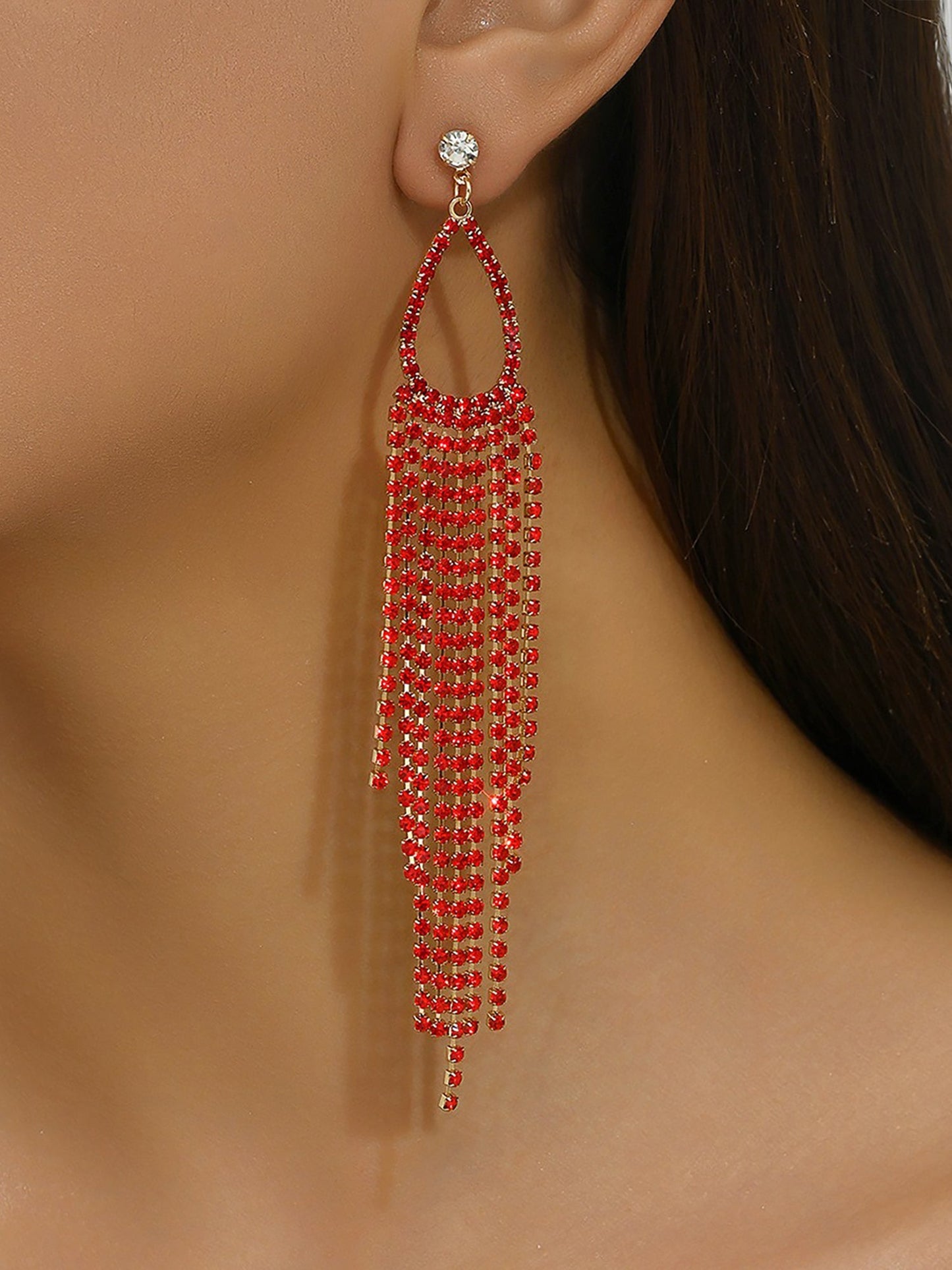 Faux Rhinestone Long Fringe Tassel Earrings