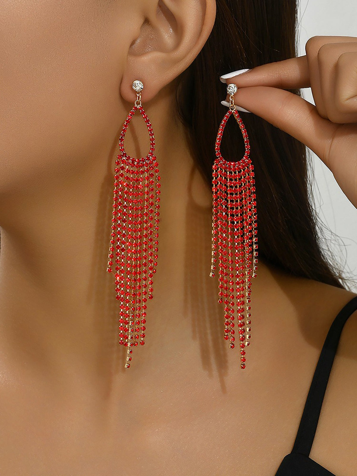 Faux Rhinestone Long Fringe Tassel Earrings