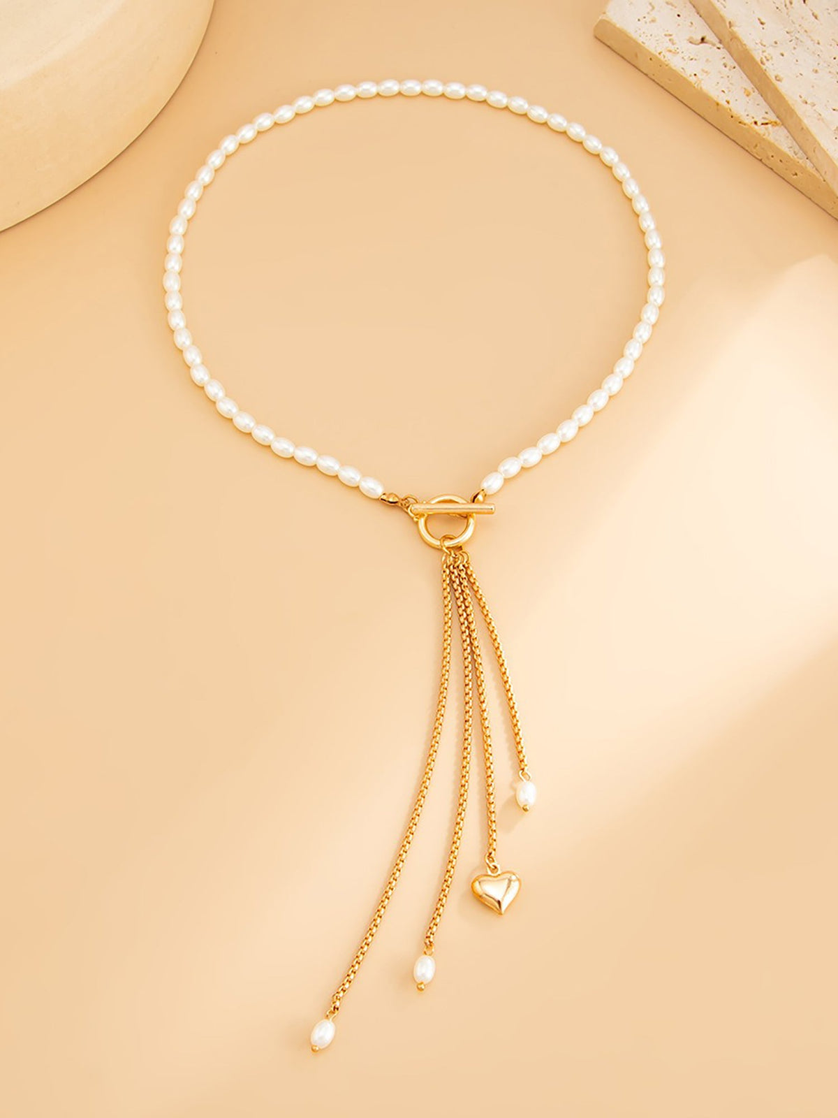 Faux Pearl Beaded Alloy Tassle Heart Shape Pendant Necklace
