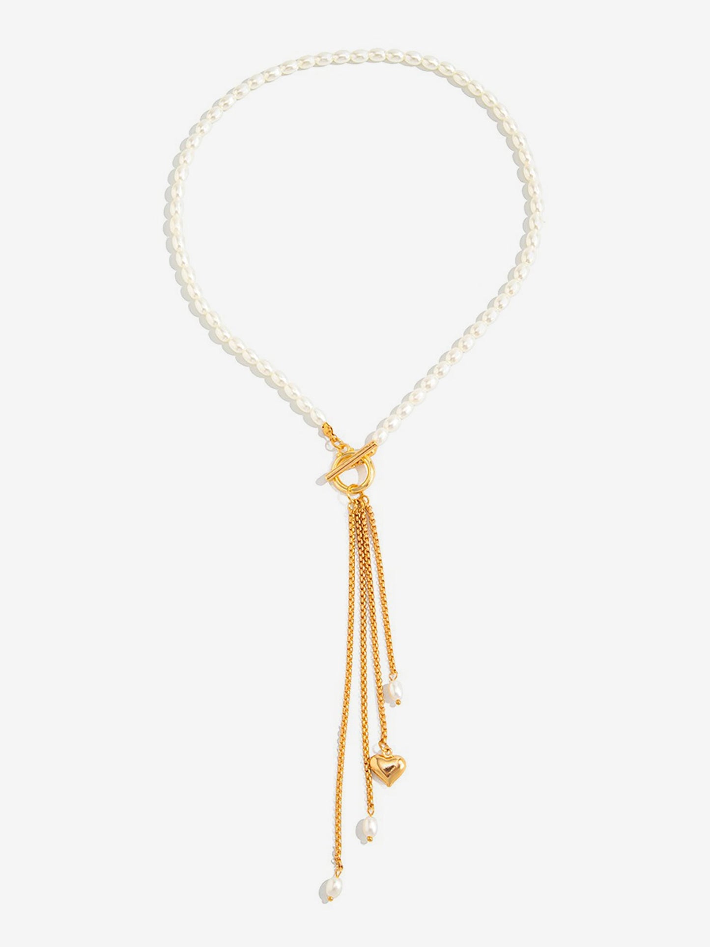 Faux Pearl Beaded Alloy Tassle Heart Shape Pendant Necklace