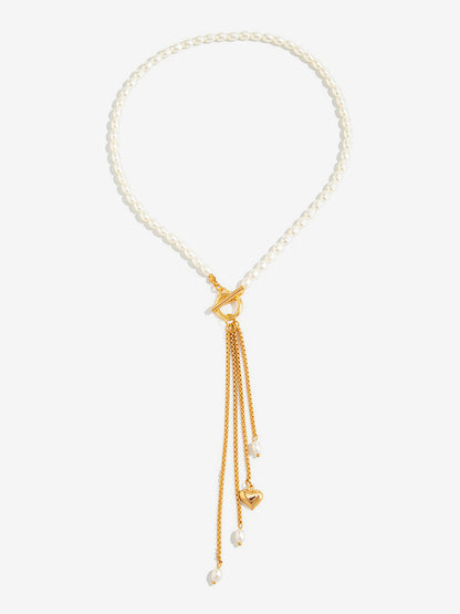 Faux Pearl Beaded Alloy Tassle Heart Shape Pendant Necklace