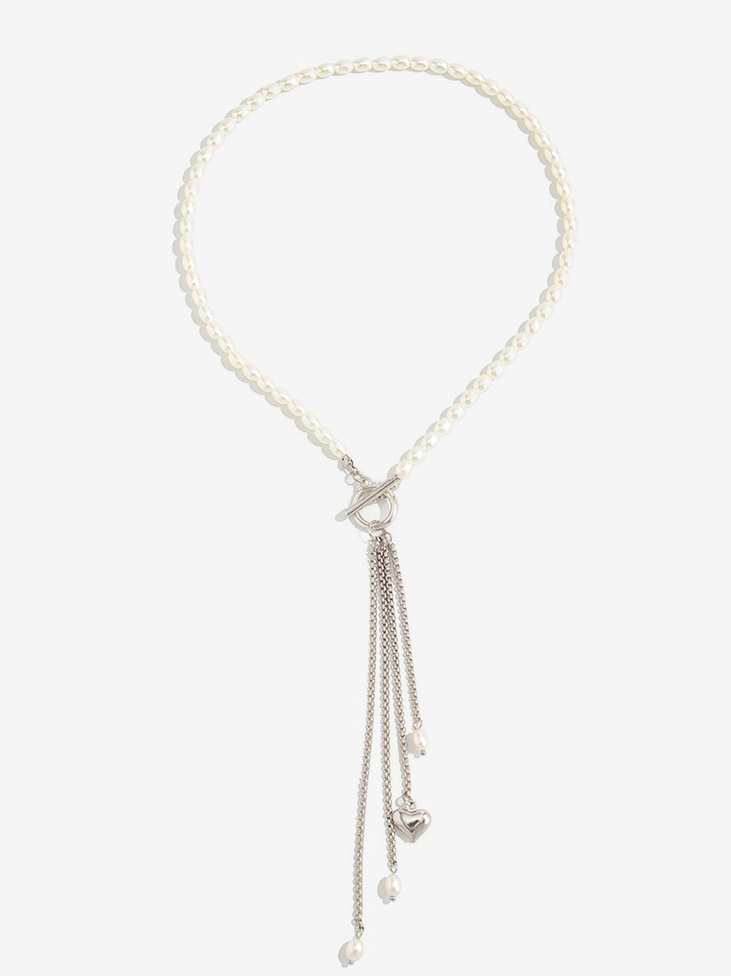 Faux Pearl Beaded Alloy Tassle Heart Shape Pendant Necklace