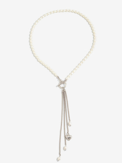 Faux Pearl Beaded Alloy Tassle Heart Shape Pendant Necklace