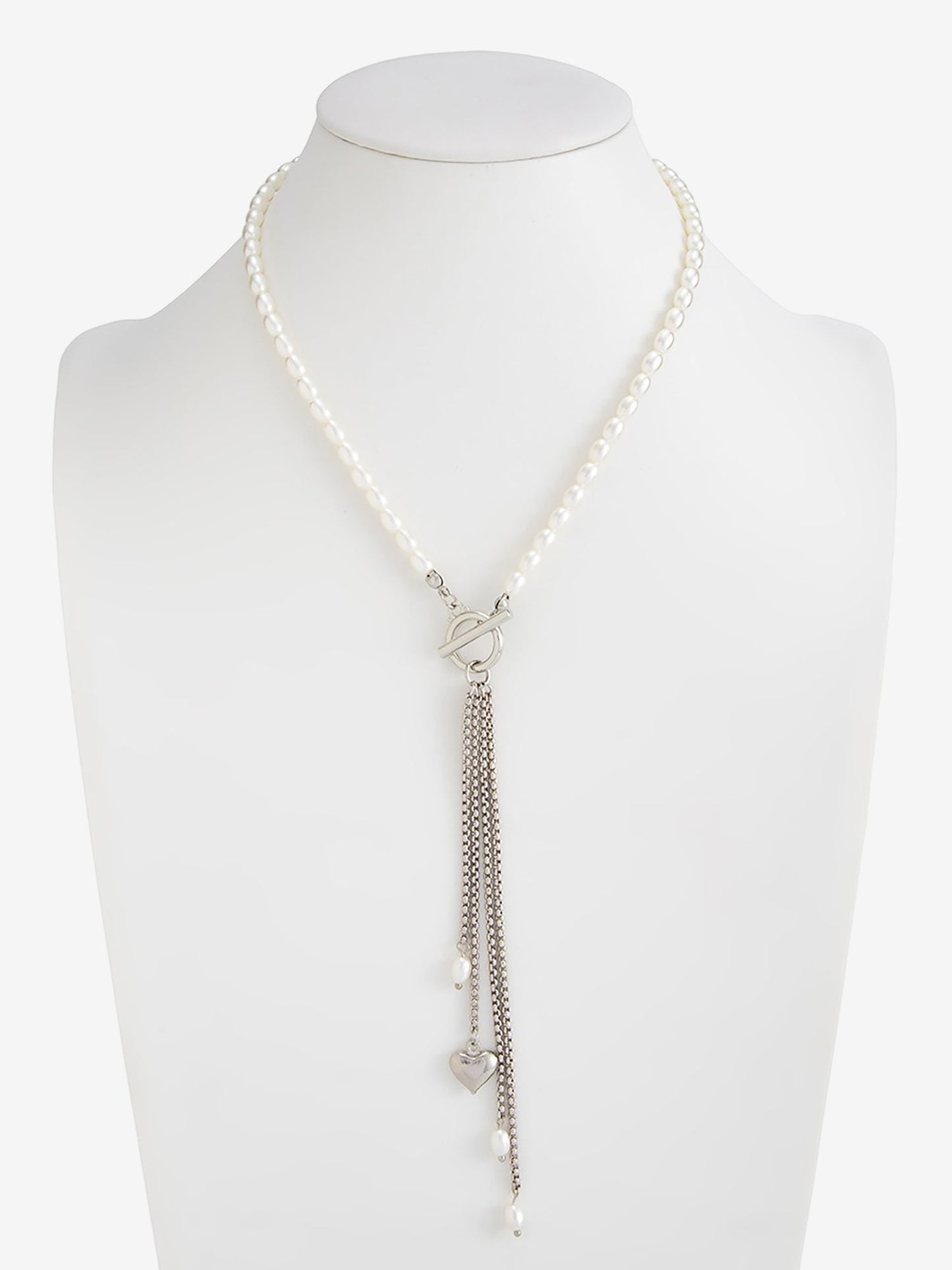 Faux Pearl Beaded Alloy Tassle Heart Shape Pendant Necklace