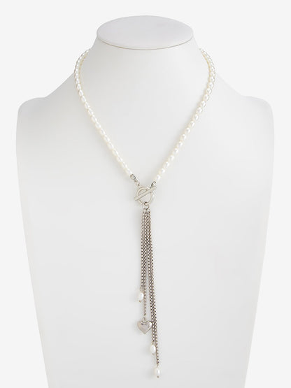 Faux Pearl Beaded Alloy Tassle Heart Shape Pendant Necklace