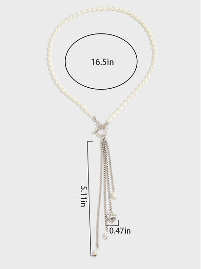 Faux Pearl Beaded Alloy Tassle Heart Shape Pendant Necklace