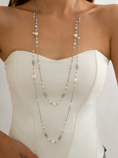 2 Pieces Faux Pearl Layered Long Necklaces Set