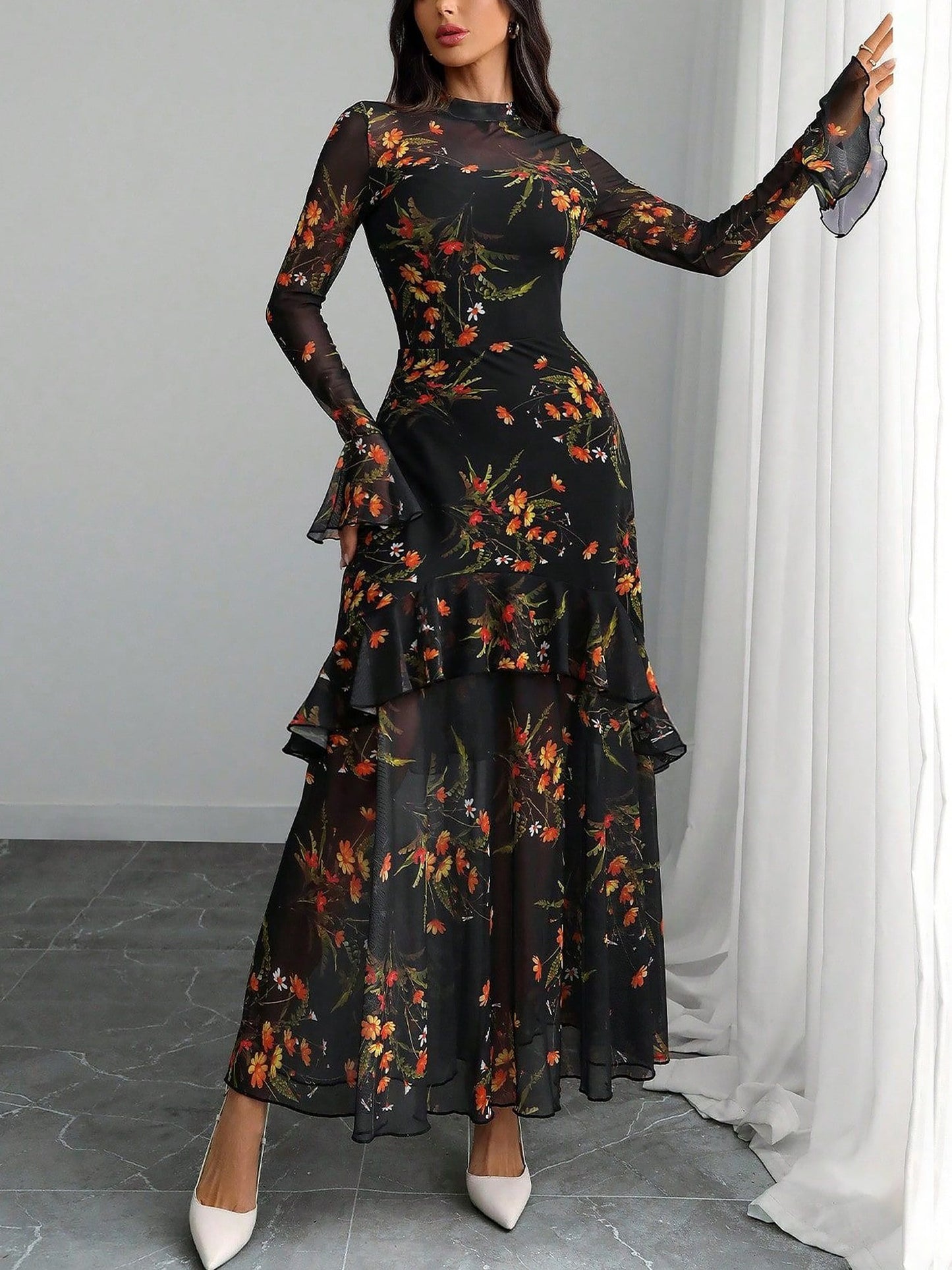Mock Neck Mesh Floral Ruffled Maxi Dress