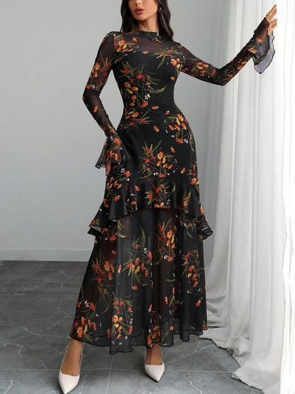 Mock Neck Mesh Floral Ruffled Maxi Dress