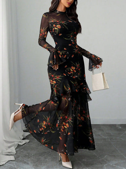 Mock Neck Mesh Floral Ruffled Maxi Dress