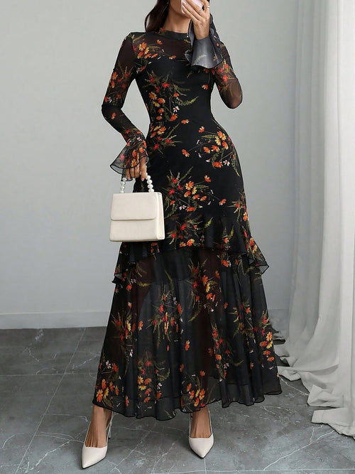 Mock Neck Mesh Floral Ruffled Maxi Dress