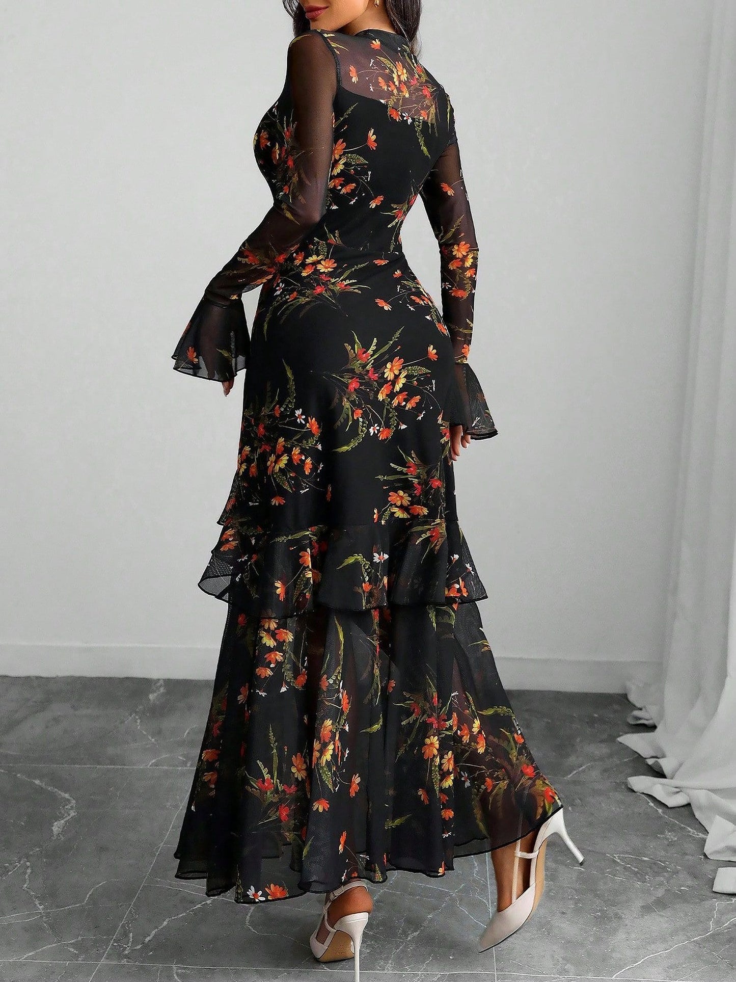 Mock Neck Mesh Floral Ruffled Maxi Dress