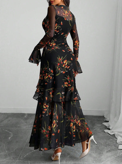 Mock Neck Mesh Floral Ruffled Maxi Dress