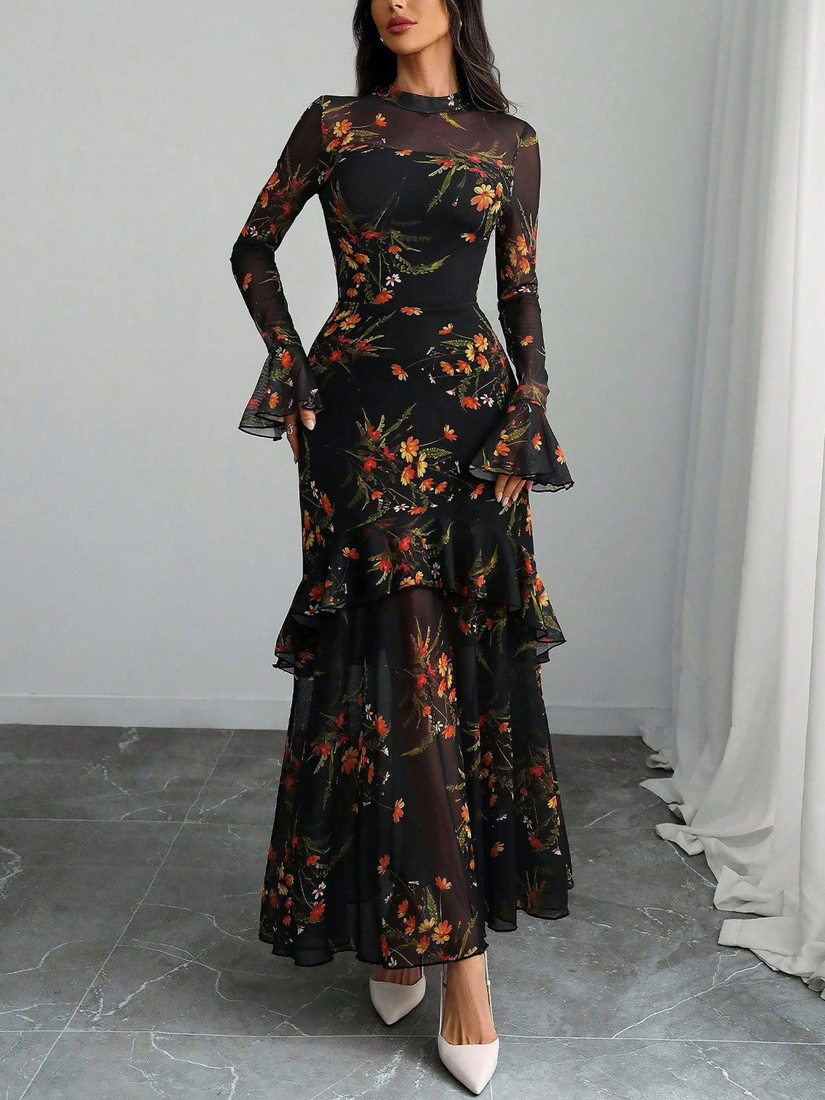 Mock Neck Mesh Floral Ruffled Maxi Dress