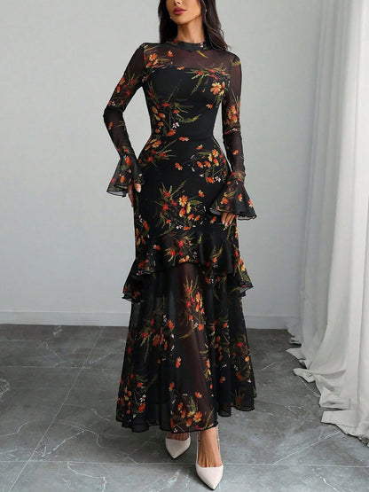 Mock Neck Mesh Floral Ruffled Maxi Dress