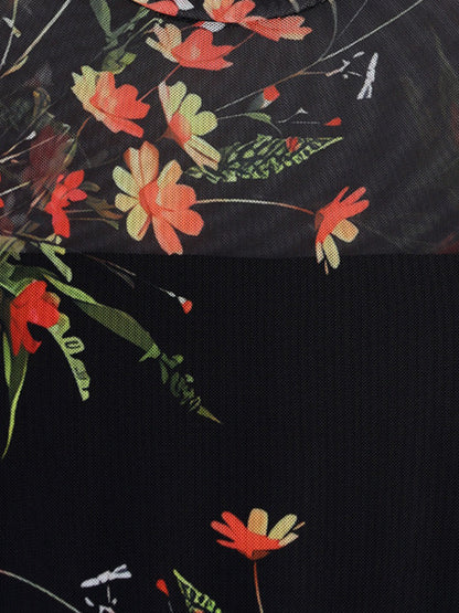 Mock Neck Mesh Floral Ruffled Maxi Dress