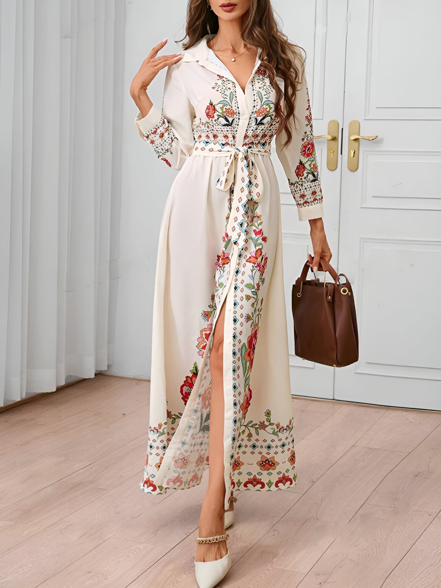 Floral Print Long Sleeve Maxi Casual Shirt Dress