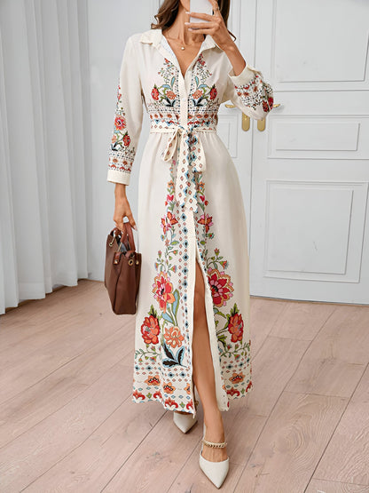 Floral Print Long Sleeve Maxi Casual Shirt Dress