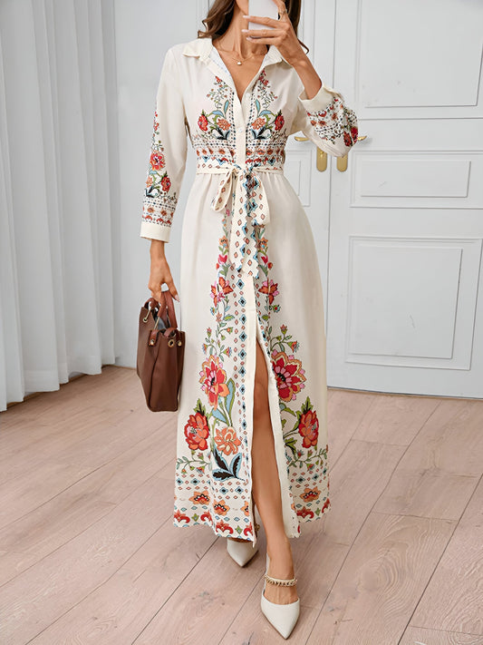 Floral Print Long Sleeve Maxi Casual Shirt Dress