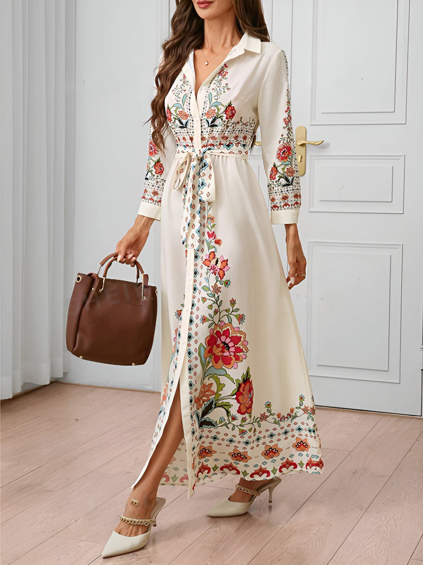 Floral Print Long Sleeve Maxi Casual Shirt Dress