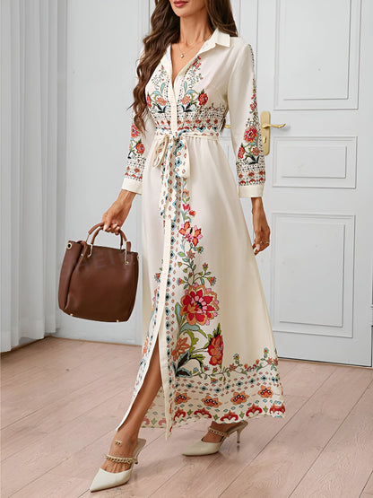 Floral Print Long Sleeve Maxi Casual Shirt Dress