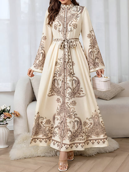 Mock Neck Bell Sleeves Boho Paisley Maxi Dress