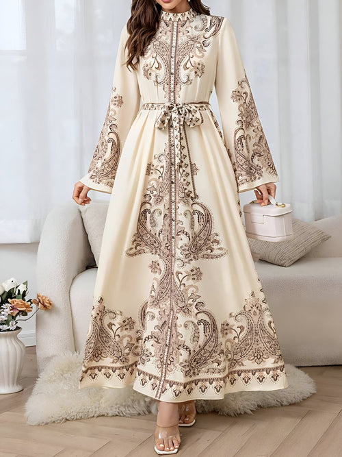 Mock Neck Bell Sleeves Boho Paisley Maxi Dress