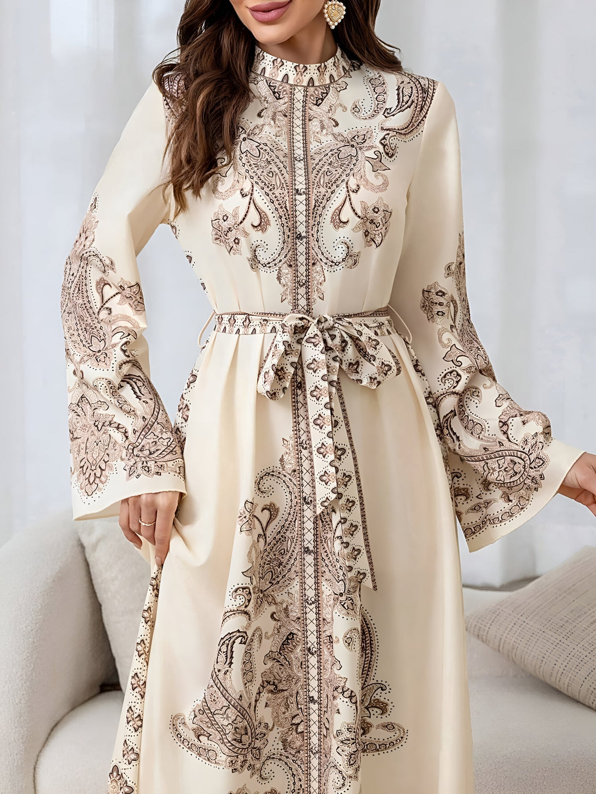 Mock Neck Bell Sleeves Boho Paisley Maxi Dress