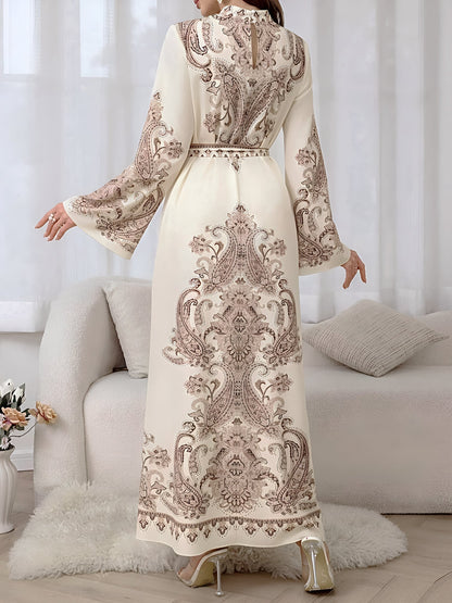 Mock Neck Bell Sleeves Boho Paisley Maxi Dress