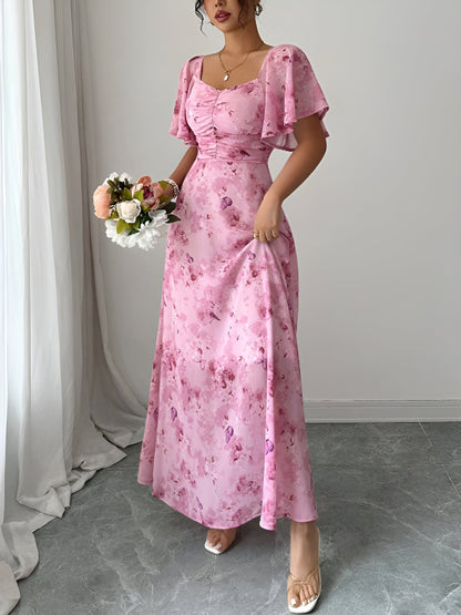 Floral Print Ruffled Sleeve Ruched Wedding Maxi Dress