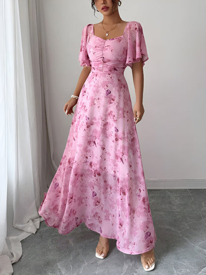 Floral Print Ruffled Sleeve Ruched Wedding Maxi Dress