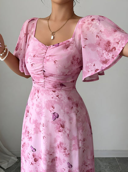 Floral Print Ruffled Sleeve Ruched Wedding Maxi Dress