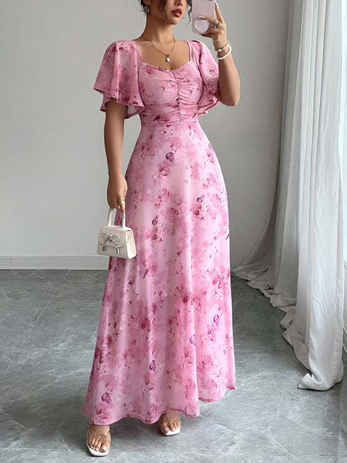 Floral Print Ruffled Sleeve Ruched Wedding Maxi Dress