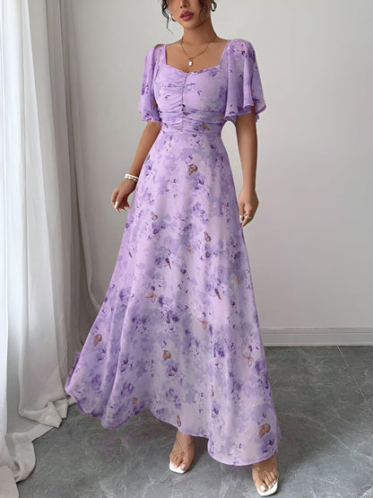 Floral Print Ruffled Sleeve Ruched Wedding Maxi Dress