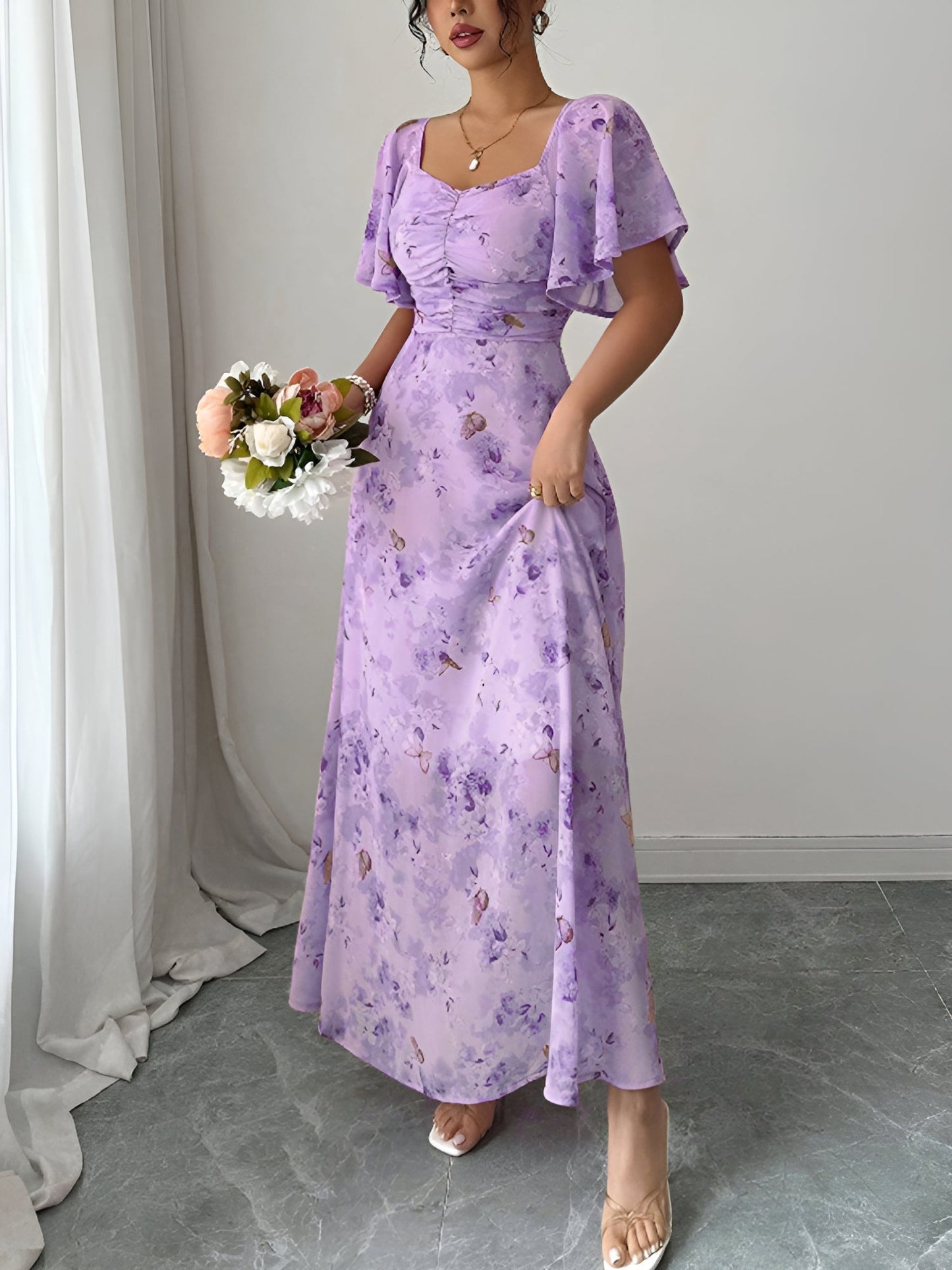 Floral Print Ruffled Sleeve Ruched Wedding Maxi Dress