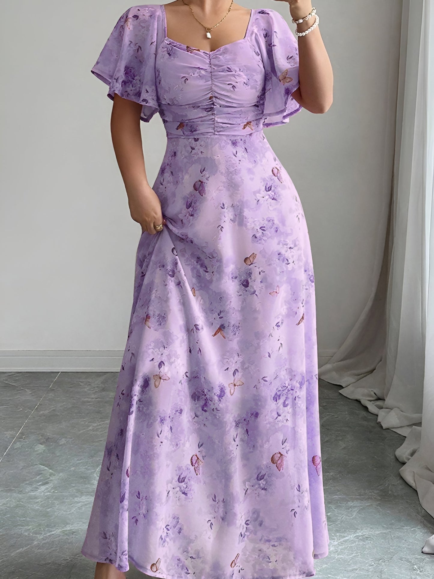 Floral Print Ruffled Sleeve Ruched Wedding Maxi Dress