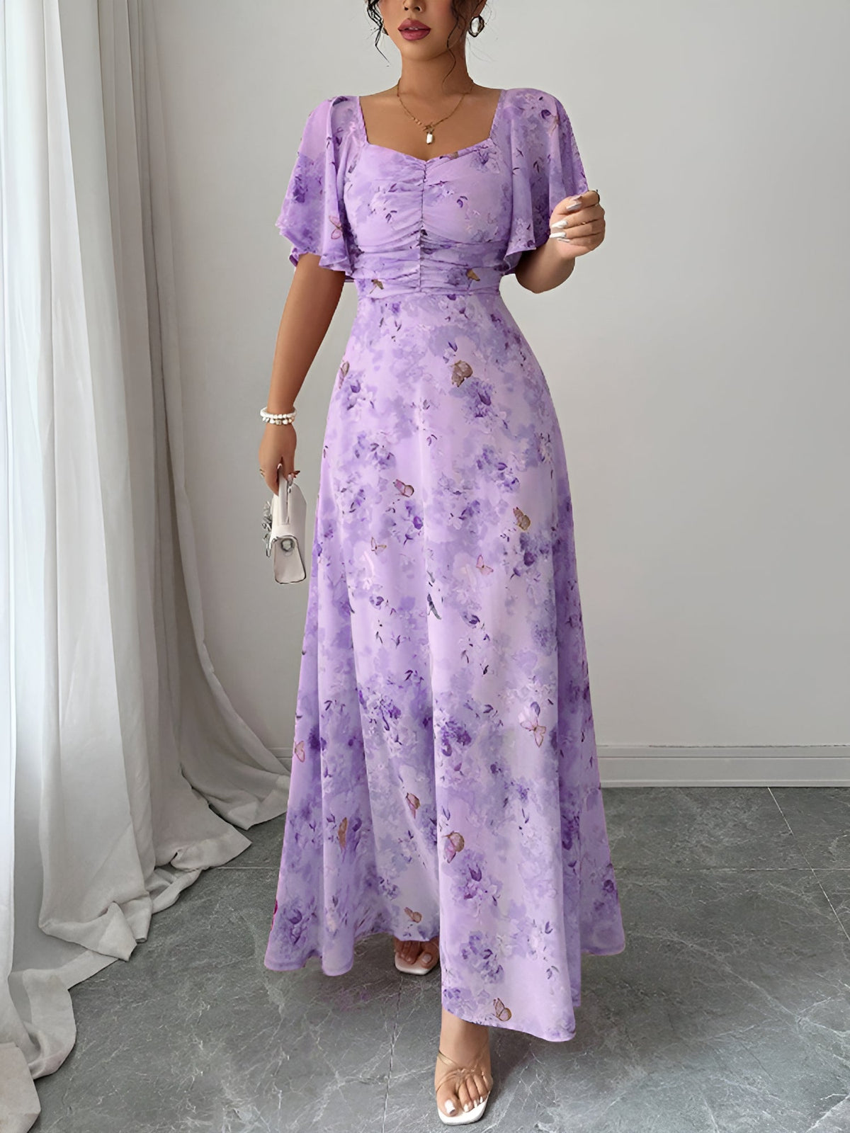 Floral Print Ruffled Sleeve Ruched Wedding Maxi Dress