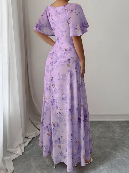 Floral Print Ruffled Sleeve Ruched Wedding Maxi Dress