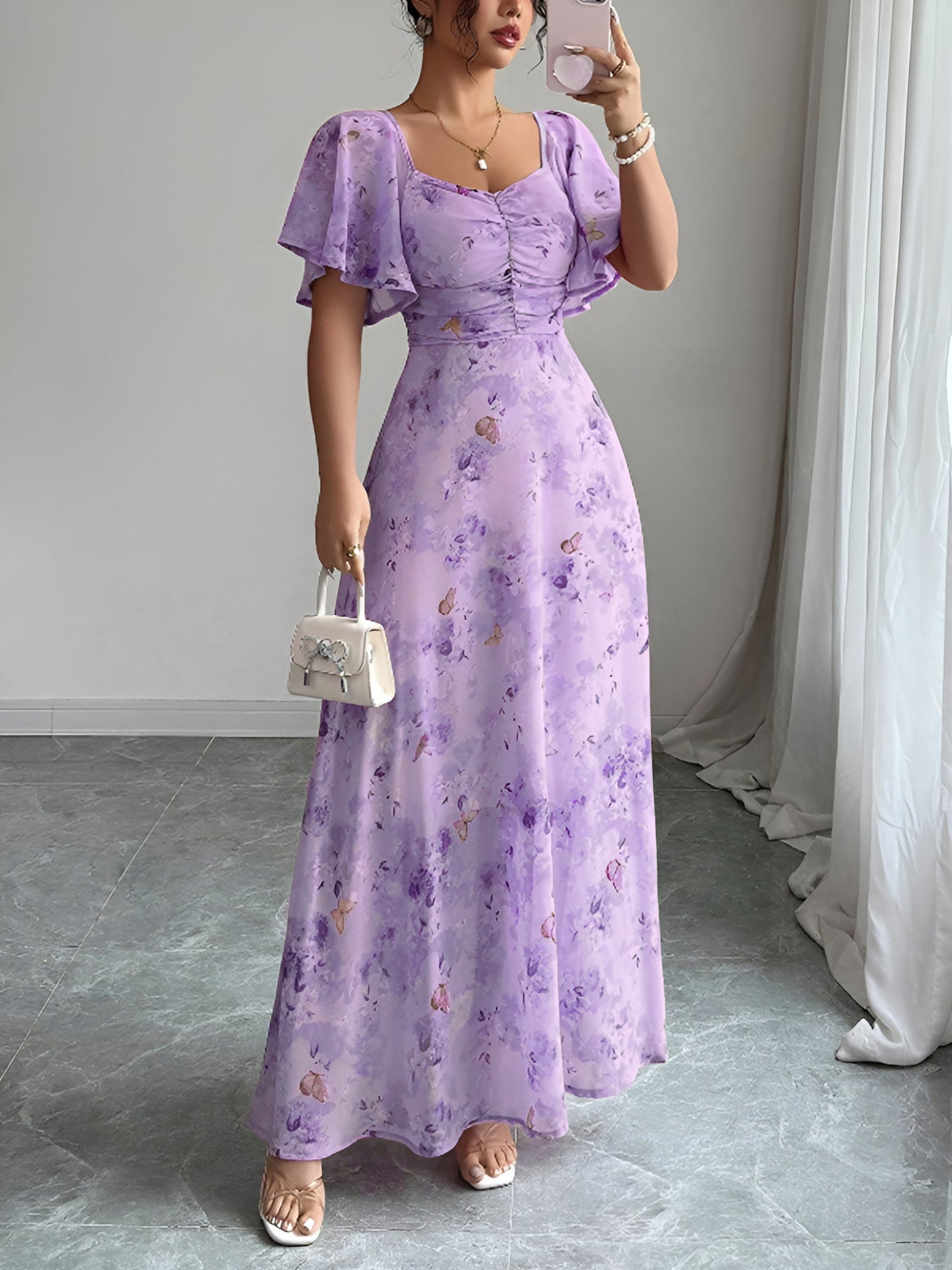 Floral Print Ruffled Sleeve Ruched Wedding Maxi Dress