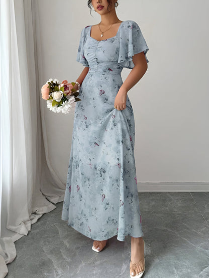 Floral Print Ruffled Sleeve Ruched Wedding Maxi Dress