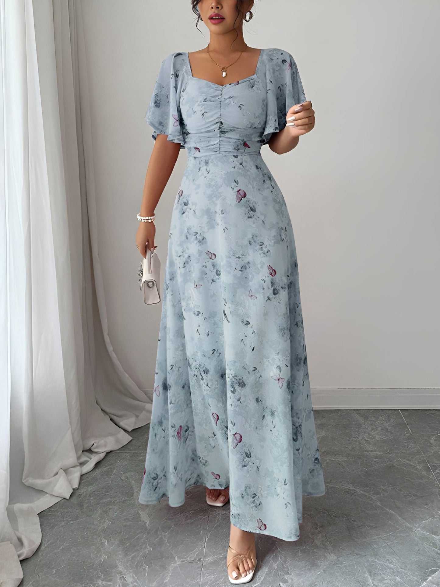 Floral Print Ruffled Sleeve Ruched Wedding Maxi Dress