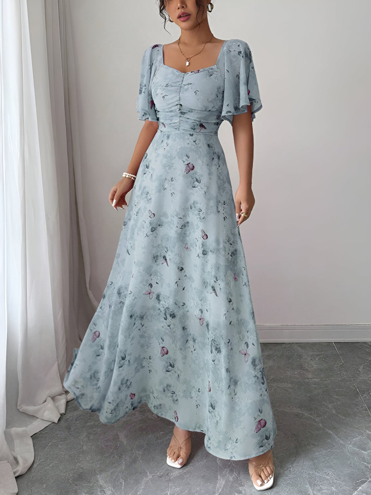 Floral Print Ruffled Sleeve Ruched Wedding Maxi Dress