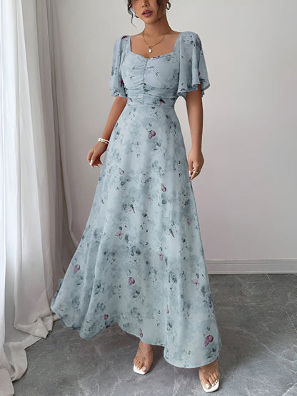 Floral Print Ruffled Sleeve Ruched Wedding Maxi Dress