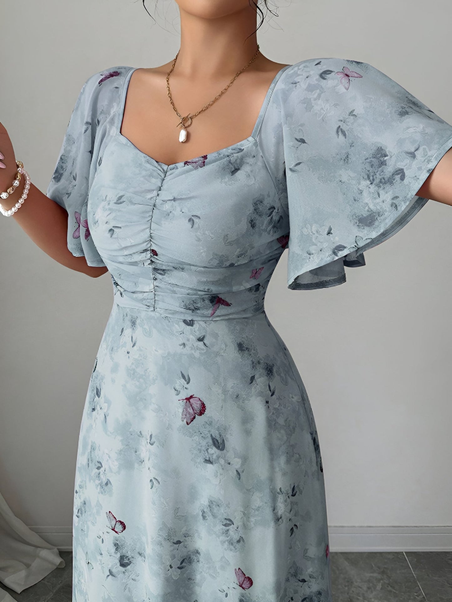 Floral Print Ruffled Sleeve Ruched Wedding Maxi Dress