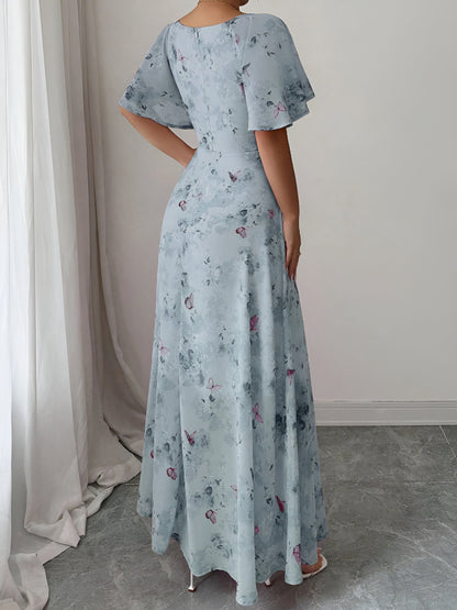 Floral Print Ruffled Sleeve Ruched Wedding Maxi Dress
