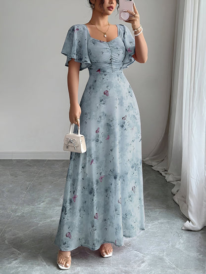 Floral Print Ruffled Sleeve Ruched Wedding Maxi Dress