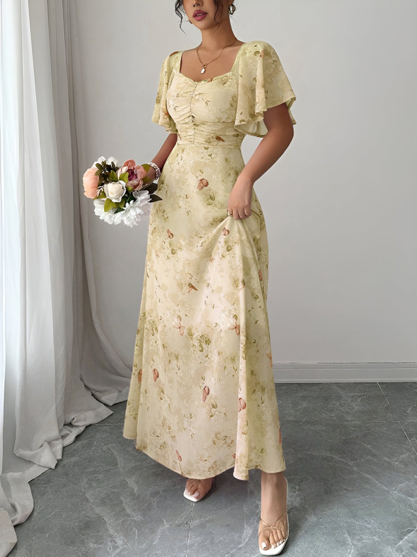 Floral Print Ruffled Sleeve Ruched Wedding Maxi Dress