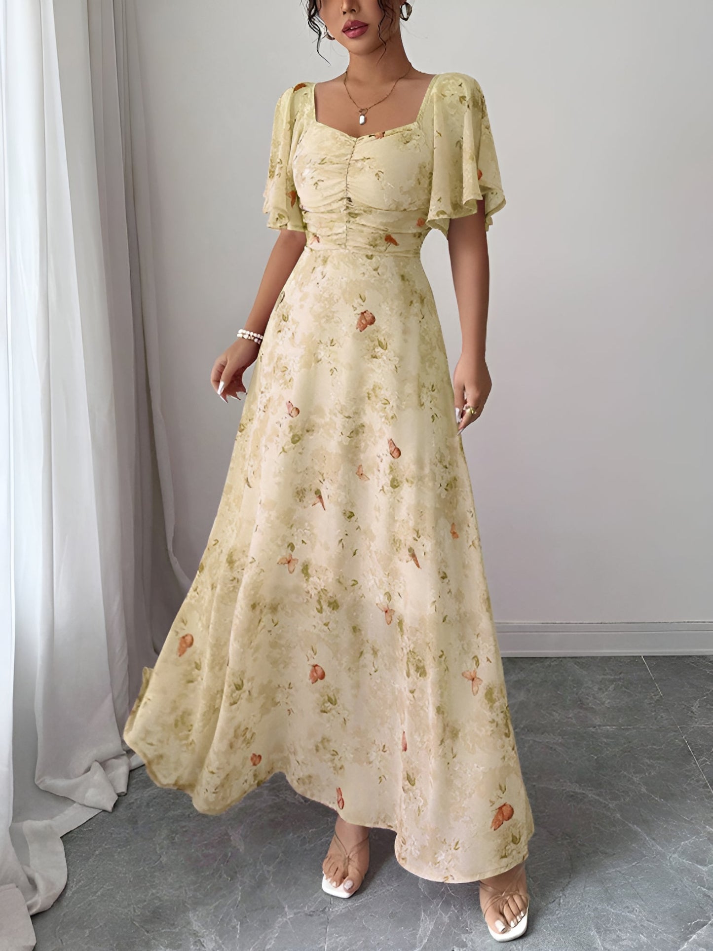 Floral Print Ruffled Sleeve Ruched Wedding Maxi Dress